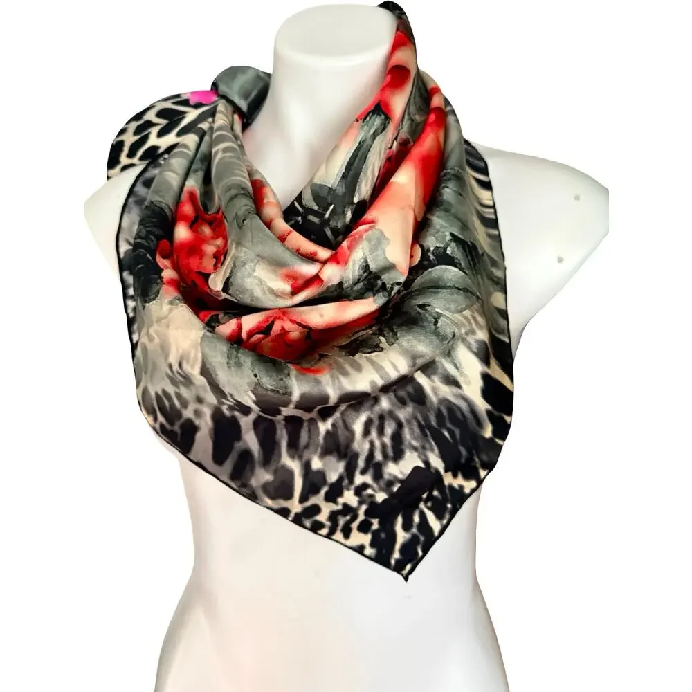 INAINI Silk Scarf Leopard Print Coral Rose Floral Square 35x35